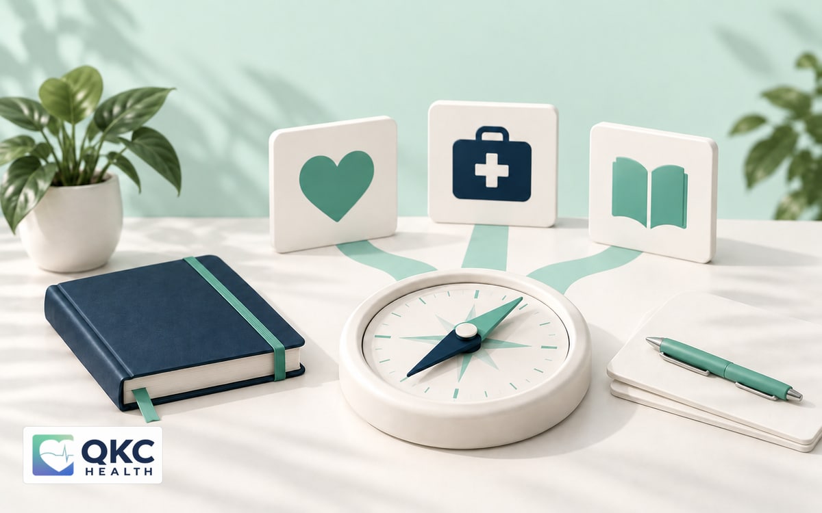 Branded course selection illustration with three learning paths, a compass, and course cards.